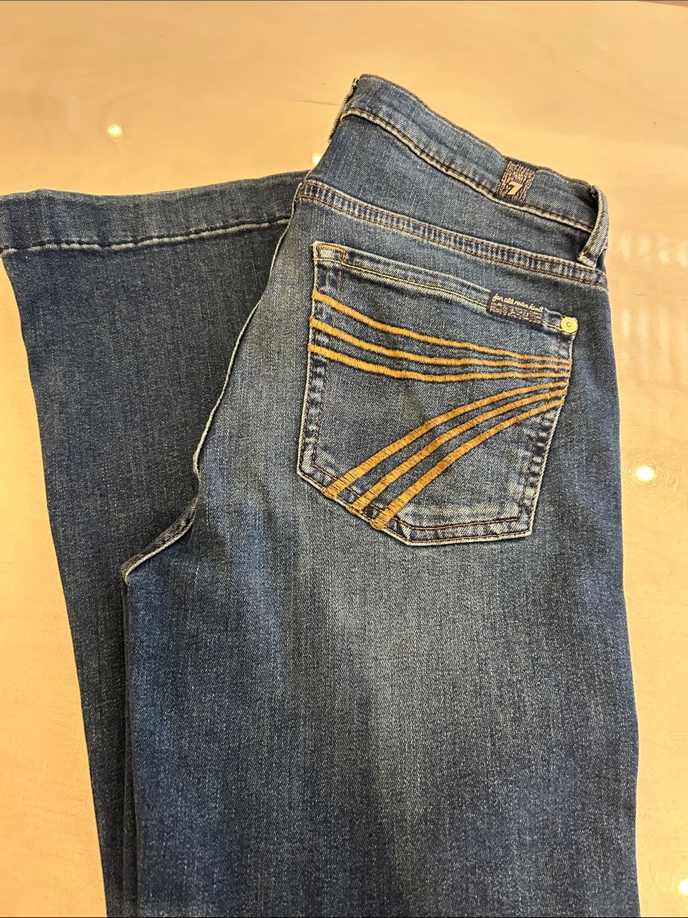 7 For All Mankind Women's Blue Flare Jeans with Gold Stitching